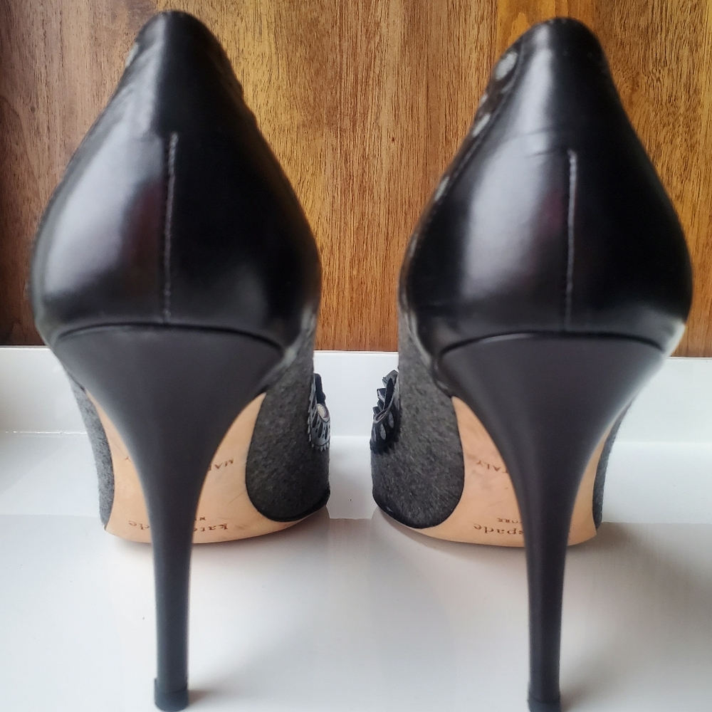 Kate Spade Deanna Gray Flannel and Black Calfskin Pumps - Picture 7 of 11